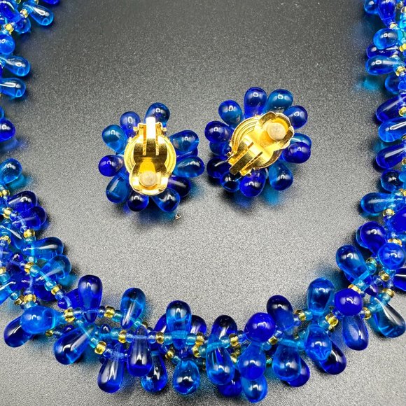 Vintage CZECH element blue teardrop glass beads clips on earrings and necklace - Picture 13 of 16